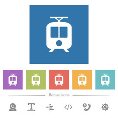 Tram flat white icons in square backgrounds