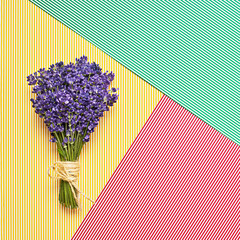 Bouquet of fresh lavender on colorful background. Violet flowers. Greeting floral card with place for text. Top view, copy space.