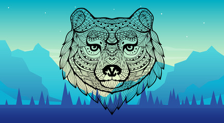 Head of the growling bear.  African / indian design. Mountain landscape. Forest mountains in the background. Picture for conversion. Patterned bear with a black stroke. Tribal ornament. Vector image