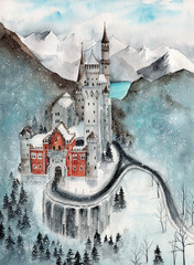   Watercolor illustration of  the Bavarian Neuschweinstein castle  in the winter mountains covered  with snow - obrazy, fototapety, plakaty