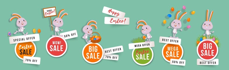Easter sale set of round banners with cute bunnies and Easter eggs. Isolated vector clip art with amusing rabbits for festive design and advertising