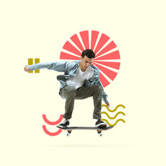 Creative sport and geometric style. Young male skater in action, motion on yellow background. Negative space to insert your text or ad. Modern design. Contemporary colorful and bright art collage.