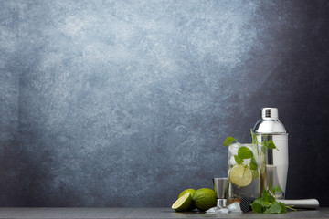Bar tools and mojito cocktail