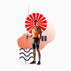 Creative sport and geometric style. Javelin throwing in action, motion on white background. Negative space to insert your text or ad. Modern design. Contemporary colorful and bright art collage.