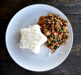 Fried rice with pork on a white plate.
