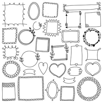 Set of cute picture frames in doodle style. Vector creative illustration of frames, hearts on isolated white background. Big set of hand drawn isolated frames and different elements: hearts, banners, 