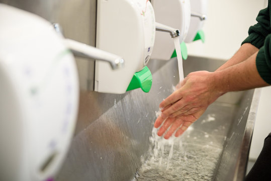 Hand Hygiene and Food Safety. Factory worker washing hands. coronavirus protection