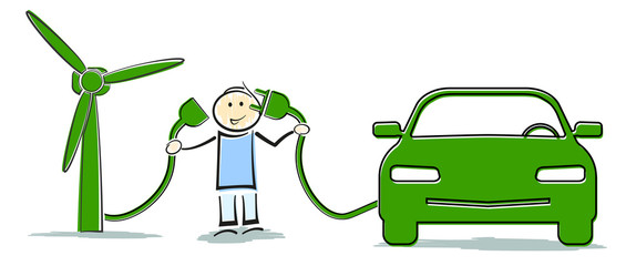 charging electric vehicle with energy from renewable source, clean transportation concept with stickman connecting electric car to wind turbine