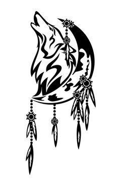 howling wild wolf and crescent moon with tribal feather decor - catcher for sweet dreams concept black and white vector design