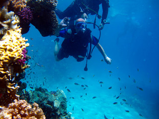 Man scuba diver and beautiful colorful coral reef underwater