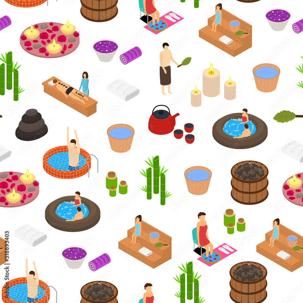 Poster bath house concept seamless pattern background 3d isometric view. vector