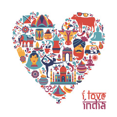 India set Asia country Indian architecture Asian traditions buddhism travel isolated icons and symbols in heart.