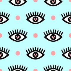 Foto op Plexiglas Ogen Romantisch naadloos patroon met ogen en polka dot. Leuke meisjesprint. Trendy vectorillustratie.