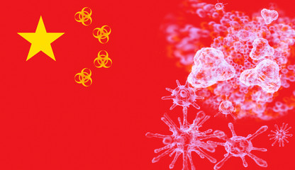Coronaviruses on the background of the Chinese flag. Dangerous flu strain cases as a pandemic medical health risk concept
