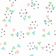Seamless pattern with repeating triangles and round spots. Simple print for children. Vector illustration.