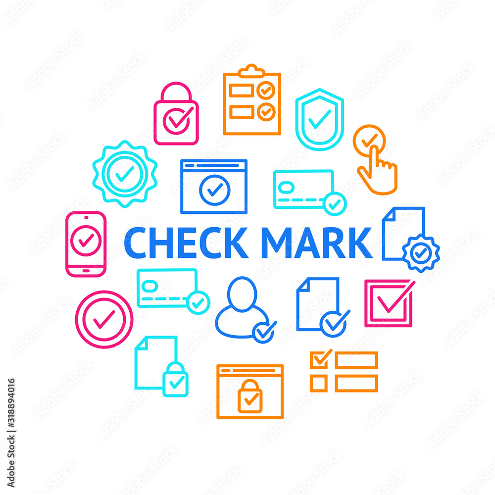 Poster check mark signs thin line round design template ad. vector
