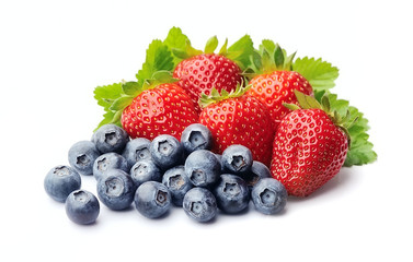 Strawberries and blueberries on white background .