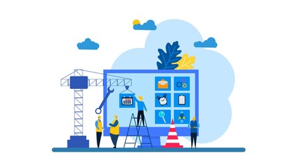 Website is under construction with Tiny People Character Concept Vector Illustration, Suitable For web landing page,Wallpaper, Background,banner,Book Illustration