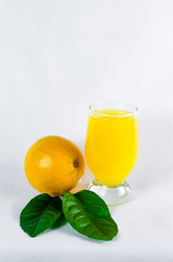 glass of orange juice, orange and orange leaves, on bright background