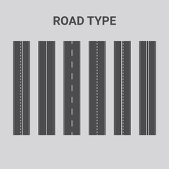 Jpeg road type illustration. Set of different road marking. Vertical straight asphalt roads
