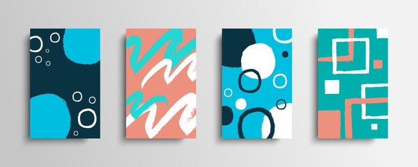 Collection of covers with color brush strokes. Set of artistic creative cards with hand drawn shapes. Vector illustration.