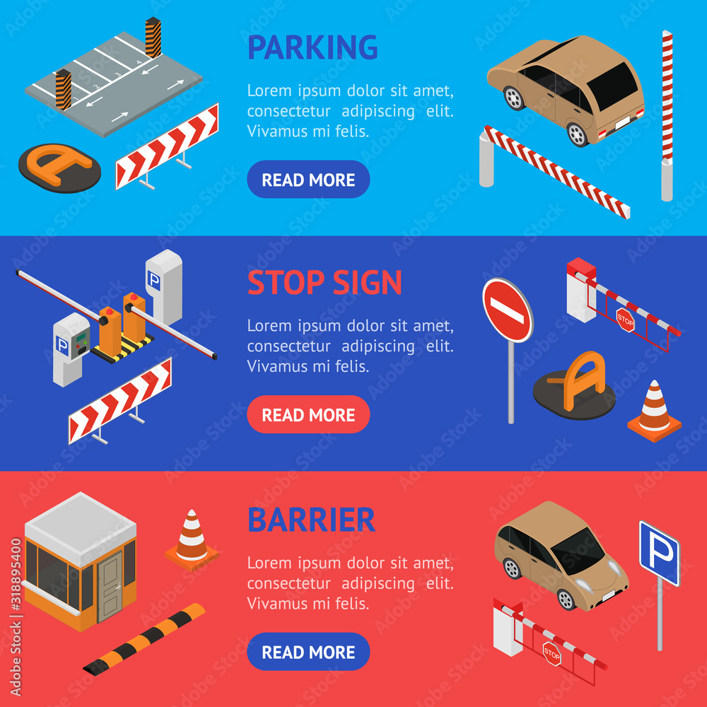 Poster parking elements concept banner horizontal set 3d isometric view. vector