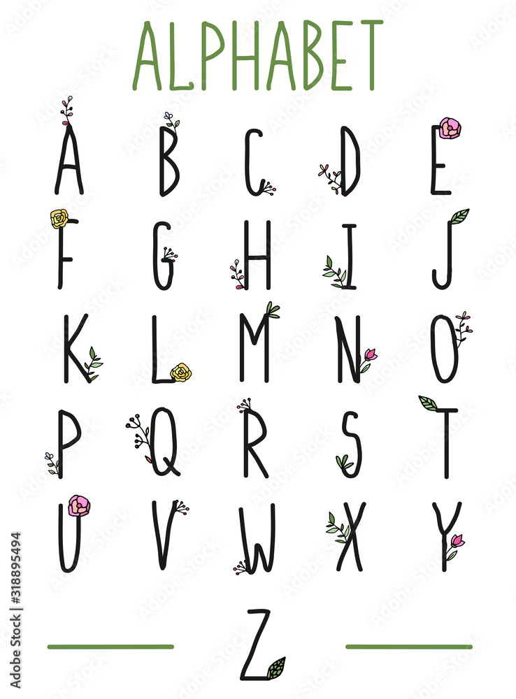 Fototapete alphabet - simple vector font. outline letters in modern style with hand drawn rustic floral element