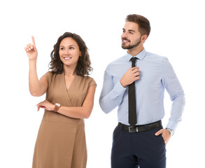 Portrait of young business people using virtual screen on white background