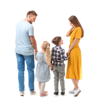 Happy family on white background, back view