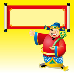 Chinese Fortune God with jade and flat banner