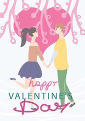 Happy Valentines day celebration card vector, man and woman in love holding hands. Heart shape and ornaments, inscription greeting with special event