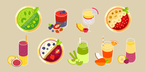 Collection modern vector illustrations of smoothies, juices, fresh, smoothy bowls and healthy cocktails. Useful organic food for vegan and vegetarian. Isolated, flat design, minimal trendy style. 