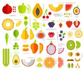 Collection vector illustrations of fruits and berries. Useful food for health lifestyle. Vegan and vegetarian. Ingredients for smoothie . White isolated, flat design, minimal trendy style.