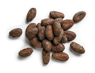 Cocoa beans on a white background. The view from the top