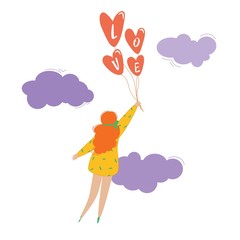 Girl takes off on balloons on a background of clouds