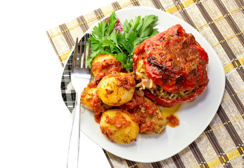 Thesweet peppers stuffed with vegetables with potatoes (Greek cuisine)