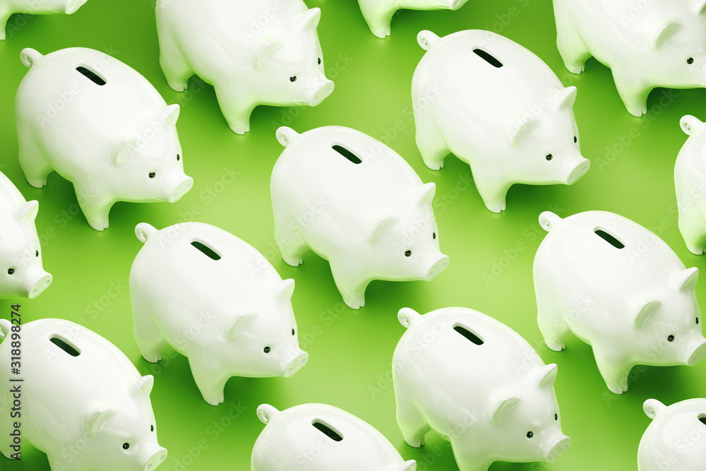 Poster serial savings. white colored piggy banks arranged to rows on reflective green surface. 3d rendering