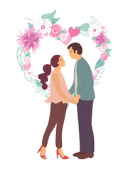 Man and woman in love vector, people holding hands ready for kiss, romantic boyfriend and girlfriend date, floral frame in form of heart, flowers bloom