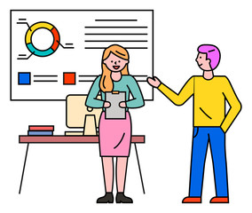 Businessman on seminar with secretary giving report and presentation. People on work talking on project status and analyzed data. Whiteboard with diagram and text. Line art characters, vector in flat