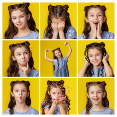 Collage of 9 photos of different emotions of a baby girl. Schoolgirl brunette cheerful emotional playful minx. Childhood carefree entertainment. The color background is yellow. Blue dress
