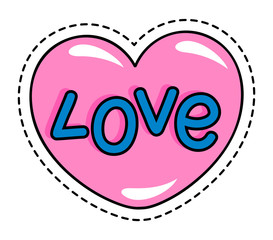 Heart shaped pink sticker with inscription. Isolated icon used as patch for st valentines greeting or celebration. Romantic symbol or sign with cut out contours. Sweet emoticon close up vector in flat