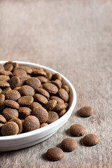 Dry pet food in a white ceramic bowl on wooden background