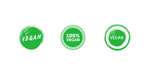 Set of various signs on vegan theme. Vegan brush stroke green emblem. 100 percent Vegan green circle badge. Vector illustration.