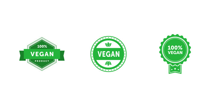 Set of various signs on vegan theme. 100 percent Vegan product haxagonal badge with ribbon. Vegan circle green flat emblem with tree leaves. 100 percent Vegan green label. Vector illustration.