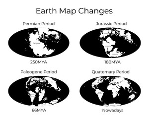Monochrome vector illustration of Worldmap with names of continents isolated on background. Map of the World and changes in different geological periods. 250mya, 180mya, 66mya and nowadays projections