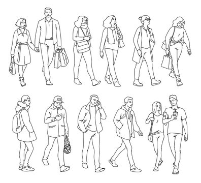 Set of men and women standing and walking. Monochrome vector illustration of people in different poses in simple line art style. Hand drawn sketch. Black lines isolated on white background.