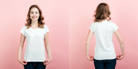 Front and back photo of  young curly woman touches t-shirt standing over pink background