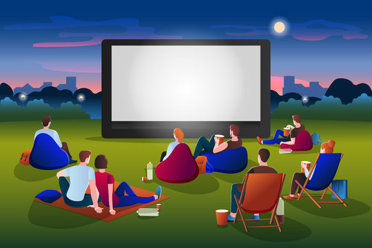 Open-air Cinema Vector Illustration. People Watching Movie In Night City Park. Film Festival And Presentation Concept