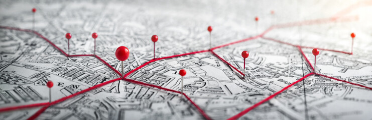 Routes with red pins on a city map. Concept on the  adventure, discovery, navigation, communication, logistics, geography, transport and travel topics. - obrazy, fototapety, plakaty