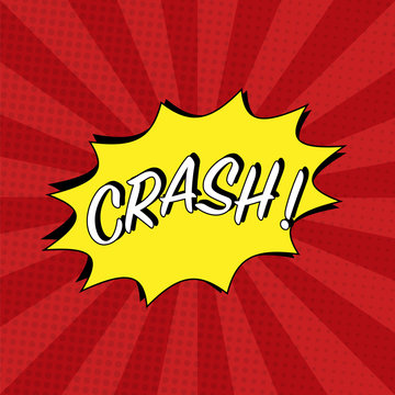 Crash comic cartoon in yellow colors with white cloud, halftone effects and rays. Explosion template. Pop-art style. illustration